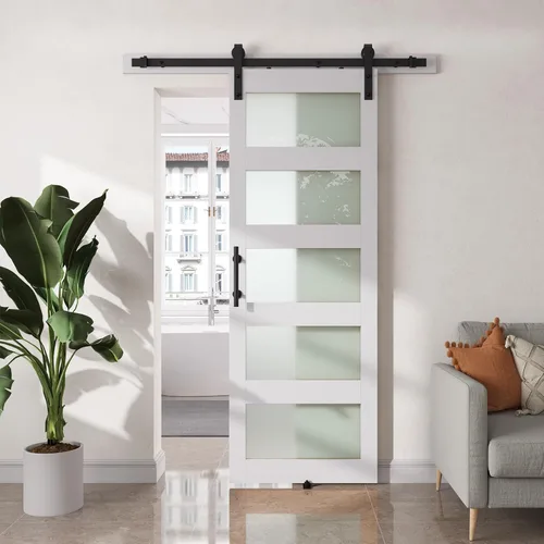 Miniatura 26 de SMARTSTANDARD Puerta de granero de vidrio de 36 x 84 pulgadas con kit de herramientas de 6.6 pies incluido, vidrio de 5 paneles, requiere montaje