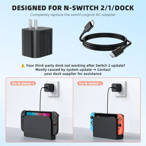 Miniatura 2 de Cargador Switch 2 - Adaptador de CA de 60W para Nintendo 2 (2025)/Nintendo 1, Cable de carga de 3.3 (1M) pies, Soporte de modo de acoplamiento
