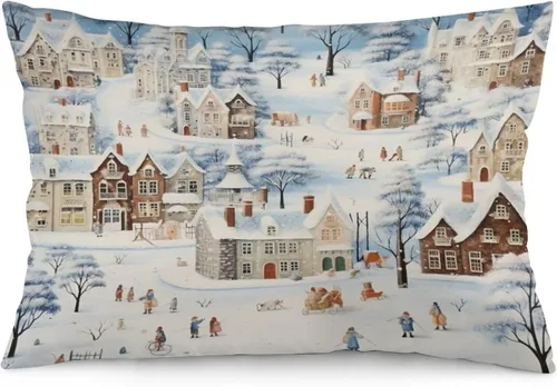 Miniatura 31 de Funda de almohada con escena de pueblo navideño con niños, fundas de almohada de 12 x 20 pulgadas, almohadas decorativas de Navidad para sofá, funda