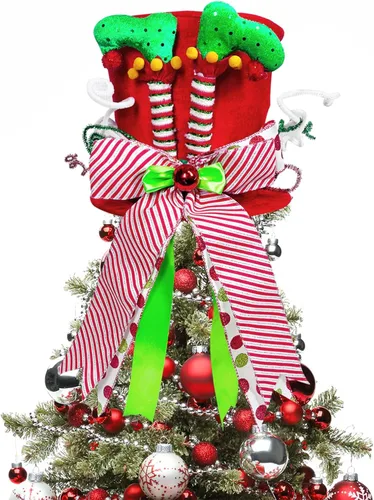 Miniatura 7 de Lordaeron - Gorro de adorno para árbol de Navidad, sombrero grande de terciopelo verde con lazo alargado, decoraciones de árbol de Navidad, adornos