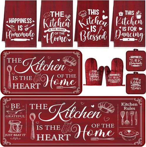 Miniatura 12 de Fourluoo Juego de 10 piezas de decoración y accesorios de cocina de granja, 4 toallas de cocina, 2 soportes para ollas, 2 guantes de horno, 2 Verde