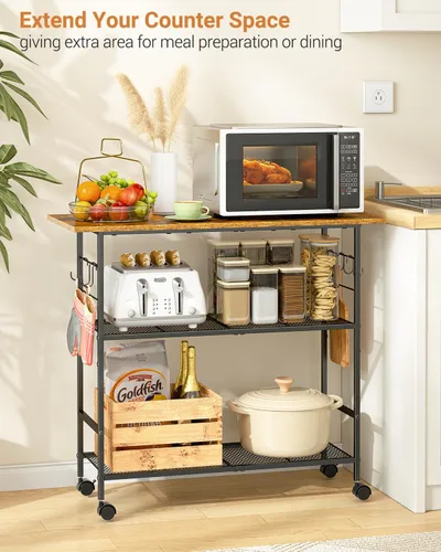 Miniatura 3 de Isla de cocina con 3 estantes, carrito de cocina rodante con 6 ganchos y estante protector, soporte de microondas con ruedas bloqueables, estante