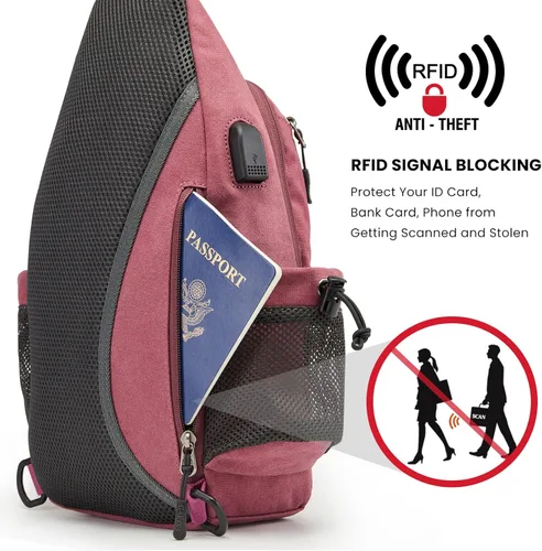Miniatura 2 de G4Free - Mochila de lona con asa cruzada y puerto de carga USB con bloqueo RFID, mochila de pecho para senderismo, mochila de día para hombres y Rosa