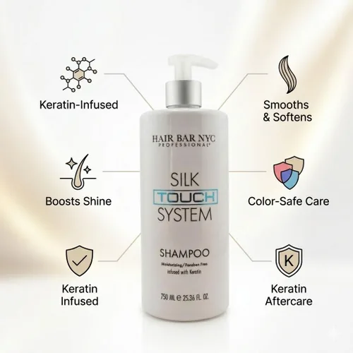 Miniatura 9 de Hair Bar NYC Silk Touch System Keratin Care Champú alisador con queratina pura y biotina para cabello tratado químicamente y coloreado, 25.36