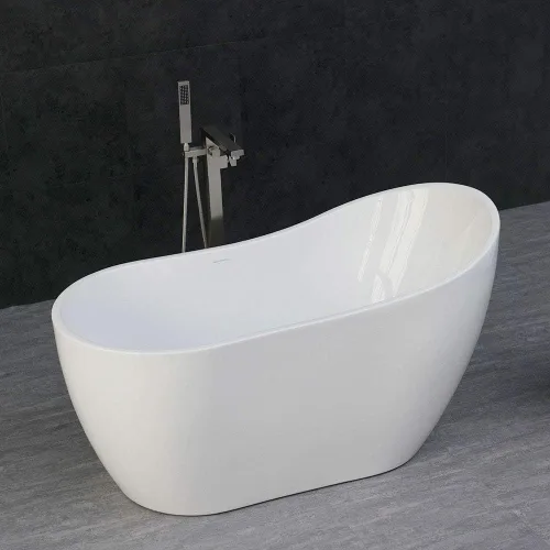 Miniatura 3 de WOODBRIDGE BTA1507-B - Bañera independiente de acrílico de 54 pulgadas, bañera blanca de remojo contemporáneo con desbordamiento y drenaje de níquel