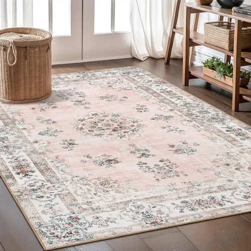 Miniatura 13 de Lahome Alfombra de pasillo rosa de 2 pies 6 pulgadas x 8 pies para pasillo, alfombra europea con estampado floral vintage lavable para cocina, baño
