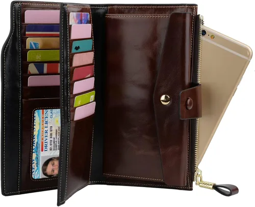 Miniatura 5 de YALUXE Cartera de piel auténtica para mujer con bloqueo RFID tarjetero múltiple con bolsillo para teléfono celular