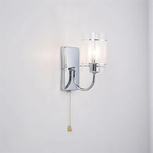 Miniatura 5 de Aplique de pared LED con interruptor de cadena de cristal transparente, cromado, lámpara cilíndrica moderna de mediados de siglo, lámpara cableada