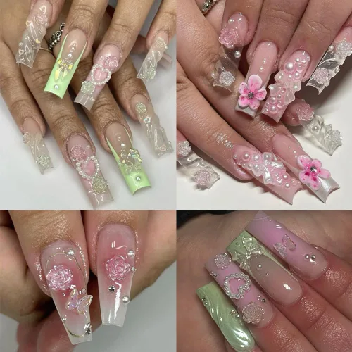 Miniatura 4 de Dijes de Uñas 3D Multiformas, Aurora Rosa Camelia Mariposa Flor Acrílica Lazo Transparente Corazón Blanco Perlas de Respaldo Plano Decoración