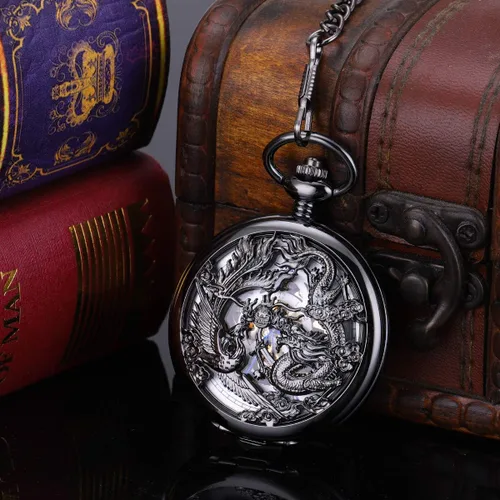 Miniatura 3 de ManChDa Antique Mechanical Pocket Watches for Men Lucky Dragon Phoenix Pocket Watch with Chain Skeleton Dial Roman Numerals Gifts for Fathers Day