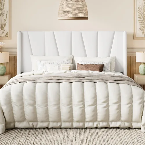 Miniatura 19 de SHA CERLIN Base de cama tamaño King con cabecera geométrica con respaldo de ala, cama de plataforma tapizada con espacio debajo de la cama de 8 Beige