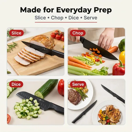 Miniatura 4 de Juego de cuchillos de cocina de 15 piezas con bloque y afilador integrado, apto para lavavajillas, mango antideslizante, 6 cuchillos para carne