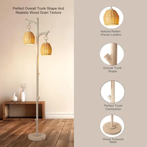 Miniatura 2 de Scenekoy Lámpara de pie rústica de 68 pulgadas de alto, para tronco de árbol, columna de madera sintética, pantalla de tambor de mimbre lavado