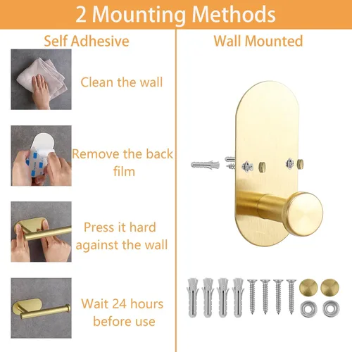 Miniatura 3 de TocTen Juego de 5 toallas para montar en la pared o autoadhesivas, juego de accesorios de baño de acero inoxidable que incluye toallero de 16 Oro