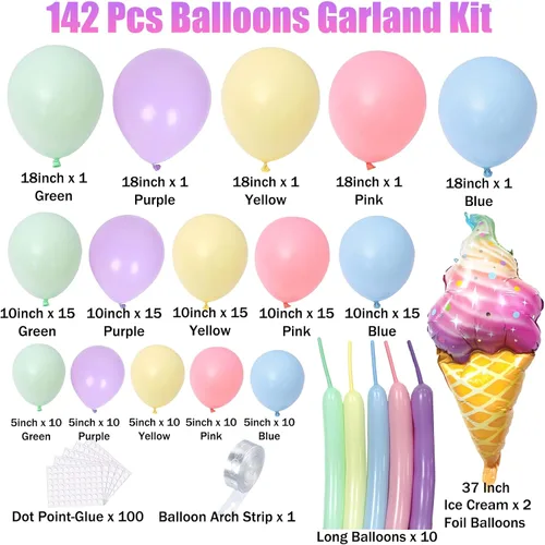 Miniatura 2 de Kit de arco de globos de helado – Juego de 142 guirnaldas de globos pastel con globo de Mylar de aluminio de helado de 37 pulgadas, globos torcidos
