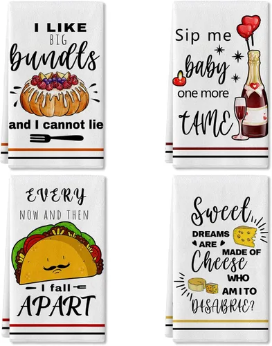 Toallas de Cocina Divertidas y Paños de Cocina, Juegos de 4 Toallas de Cocina con Dichos de Queso Bundts, Toalla de Té Absorbente de Secado para