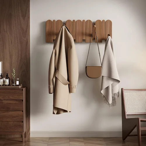 Miniatura 2 de Perchero de madera de nogal, montaje en pared, 16.5 pulgadas, con 8 ganchos retráctiles, ganchos resistentes para colgar abrigos, sombreros