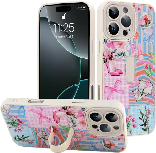 Miniatura 76 de Funda diseñada para iPhone 17 Pro Max con soporte plegable y correa para dedos, bonito patrón de lazo de corazón de flor rosa para mujeres y niñas