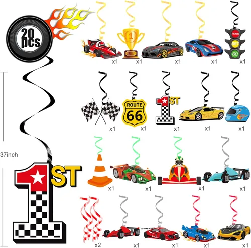Miniatura 2 de 20 piezas de decoración de remolinos colgantes de autos de carreras, decoraciones de fiesta de cumpleaños, banderas a cuadros, remolinos