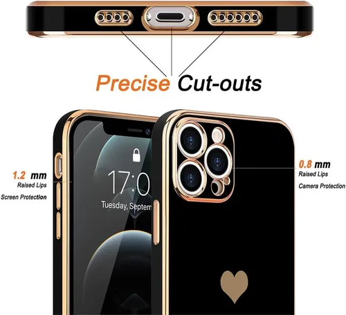 Miniatura 3 de Teageo Funda para iPhone 12 Pro para mujeres y niñas, diseño de corazón de amor, cubierta trasera suave, protección completa de la cámara, Negro