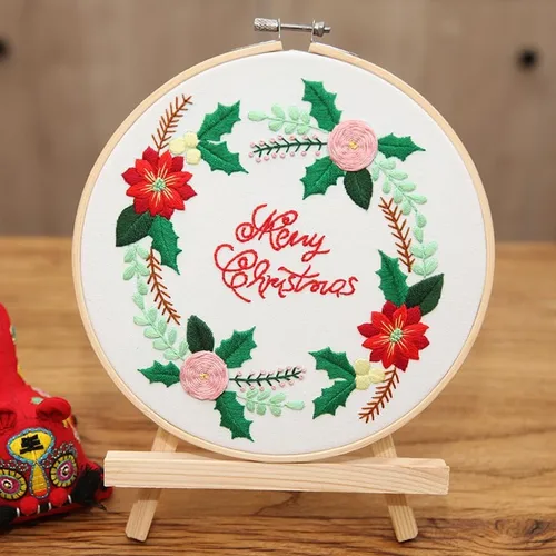 Kits de iniciación de bordado estampado para principiantes con patrón de feliz Navidad, hilos de tela, costura, arte de punto de cruz, manualidades