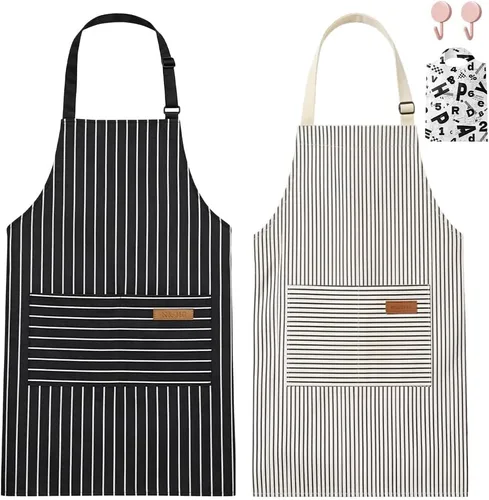 Miniatura 5 de Chef Apron Bib Apron with 2 Large Pockets Adjustable Neck Strap Kitchen Apron Cooking Apron Stripes Baking Apron