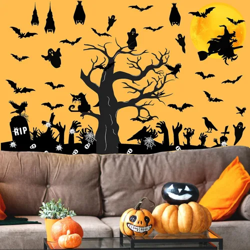 Miniatura 8 de Barri Design Calcomanías de pared de murciélago de Halloween, árbol de luna, bruja, calcomanías de pared extraíbles para Halloween, calcomanías