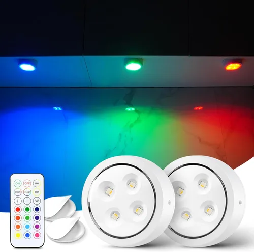 Luces de disco con control remoto debajo del gabinete, luces de empuje que funcionan con pilas, mini luces LED sobre el gabinete, paquete de 2