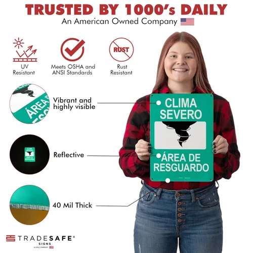 Miniatura 2 de TRADESAFE Letrero de área de refugio para clima severo – Clima Severo, Área De Resguardo Español, Instalación Rápida, Reflectante de Luz, Resistente