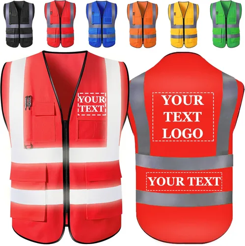 Chaleco de seguridad personalizado con logotipo, texto, nombre, alta visibilidad, bolsillos y cremallera, a granel para mujeres y hombres Rojo