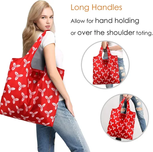 Miniatura 8 de BeeGreen Bolsas de comestibles reutilizables de Navidad con bolsa de almacenamiento con cremallera, paquete de 10 bolsas de compras reutilizables a