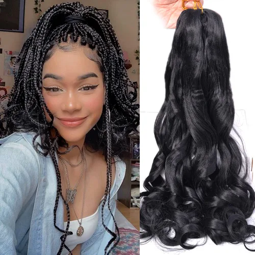 Extensiones de cabello trenzado ondulado francés de 16 pulgadas, paquete de 8 extensiones de cabello sintético lleno de vida, suelto y ondulado, 1B