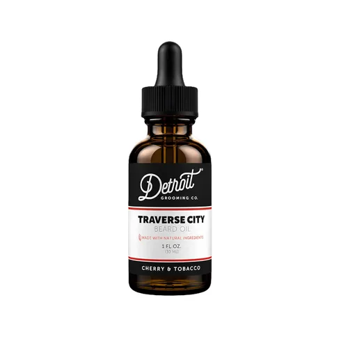 Detroit Grooming Co. Aceite para barba | Fórmula hidratante y nutritiva con vitamina E | Cereza y tabaco • Traverse City (1 oz)