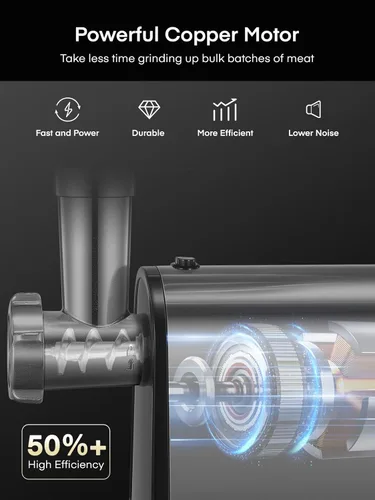Miniatura 7 de HOUSNAT - Picadora de carne eléctrica, 3200 W máximo para uso doméstico, picadora de carne resistente 3 en 1 con 2 cuchillas y 3 platos, tubo