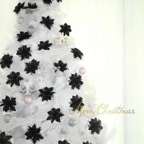 Miniatura 4 de GREENTIME 12 flores de pascua artificiales con purpurina de 5.5 pulgadas, tallos de Navidad, adornos para árbol de Navidad para fiesta de Año Nuevo