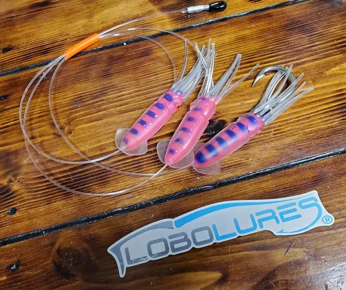 Miniatura 4 de Lobo Lures Cadena de calamar de cuerpo suave, color rosa y azul, caramelo de atún de 4.5 pulgadas, gran juego, pesca, margarita, señuelo de arrastre
