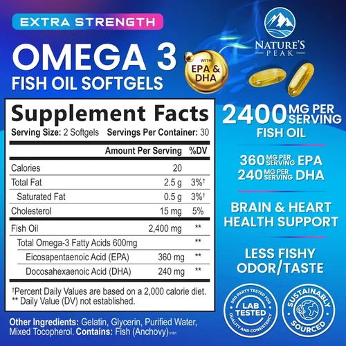 Miniatura 2 de Suplementos de aceite de pescado Omega 3 – 2400 mg de aceite de pescado por porción – Omega-3 de triple fuerza con ácidos grasos EPA y DHA – Apoyo