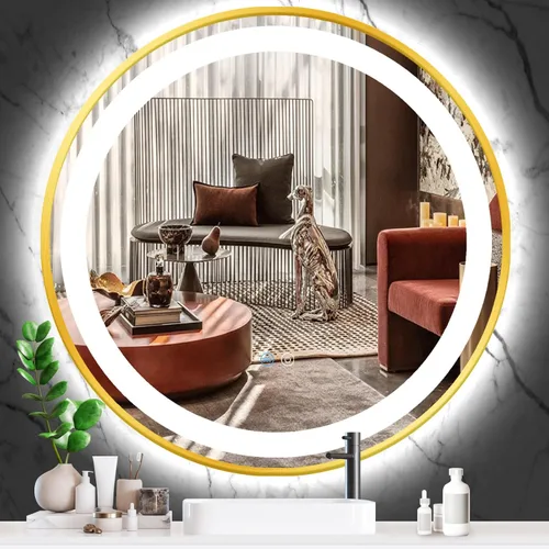 Miniatura 9 de Espejo de tocador redondo dorado con luces, luz frontal regulable de 3 colores, marco dorado de 16 pulgadas, espejo redondo iluminado para baño