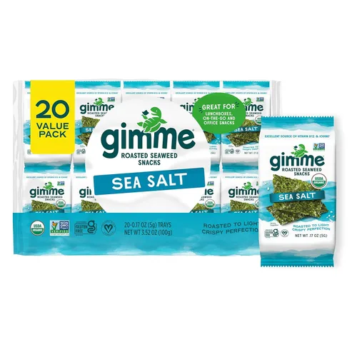 Gimme Algas Marinas Orgánicas Premium Tostadas, Sal Marina, 20 Unidades, Keto, Vegano, Sin Gluten, Gran Fuente de Omega3 y Yodo, Aperitivo Saludable