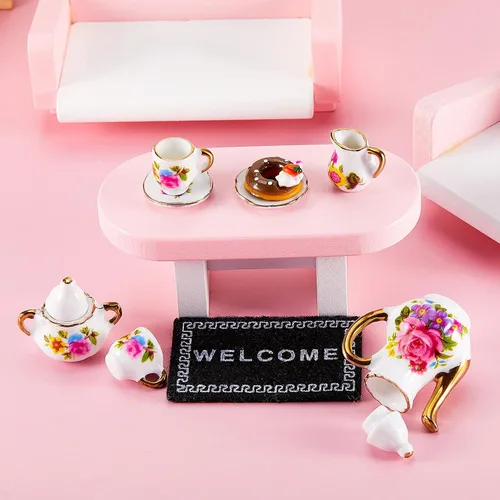 Miniatura 4 de Skylety Juego de tazas de té para casa de muñecas 1:12, accesorios de porcelana en miniatura, 8 piezas de porcelana en miniatura, diseño de flores