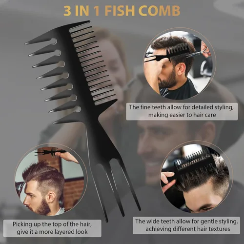 Miniatura 5 de DUAIU Juego de 3 peines para peinar el cabello para hombres, con accesorios de peluquero 3 en 1, peine con forma de hueso de cola de pez, peine