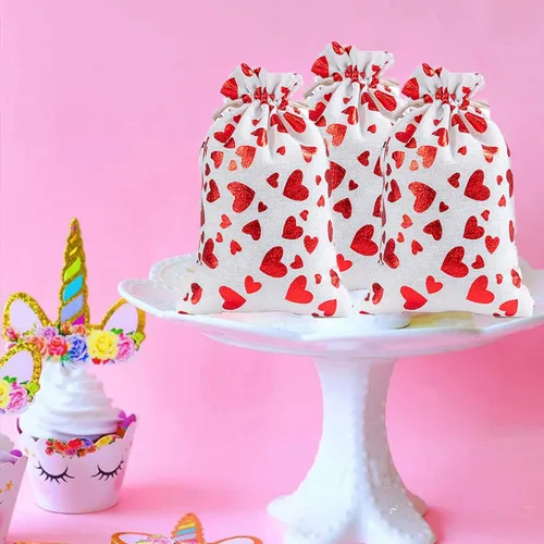 Miniatura 5 de eyigylyo Bolsa de arpillera de corazón para el día de San Valentín con cordón, 12 bolsas de dulces de San Valentín, bolsas de joyería para el día