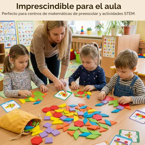 Miniatura 5 de LovesTown 209 piezas de bloques de madera con formas para niños, geométricos con tarjetas de actividades y bolsa de almacenamiento, rompecabezas
