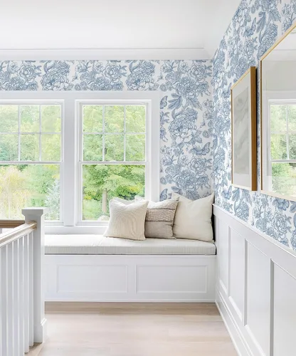 Miniatura 4 de Safiyya Papel tapiz floral para despegar y pegar, papel de contacto azul y blanco, papel tapiz bohemio para dormitorio, papel de pared de peonía