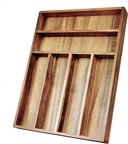 Miniatura 9 de KITEISCAT Organizador de cubiertos de madera de acacia, organizador de cajones de utensilios de cocina para tenedores, cuchillos y cucharas, bandeja
