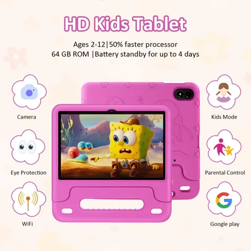 Miniatura 2 de WXUNJA Tablet Android 15 Kids 2025, tabletas actualizadas de 10.1 pulgadas con procesador Octa-Core, batería de 6000 mAh, espacio para niños, Rojo