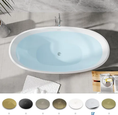 Miniatura 3 de FerdY Koh Samui Bañera Independiente Acrílica de 65", Bañera de Remojo Ovalada Contemporánea, Blanco Brillante, Certificada cUPC, Desagüe Cromado