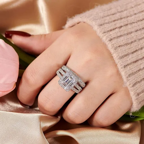 Miniatura 3 de Wuziwen Juego de anillos de compromiso de plata de ley de 4 quilates con corte esmeralda para mujer, talla 5-10