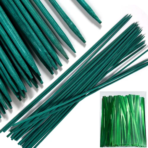 50 estacas de madera de 18 pulgadas para plantas de jardín, tomate, estacas y soportes para plantas en maceta, viene con 100 lazos verdes