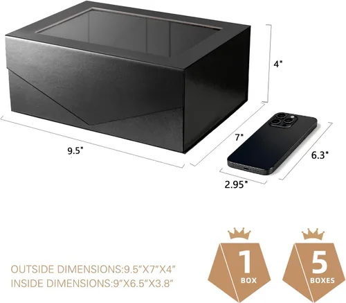 Miniatura 4 de Packqueen Caja de regalo negra con tapa y ventana, 9x6.5x3.8 pulgadas, Caja de regalo transparente para regalo contiene cinta, tarjeta, caja